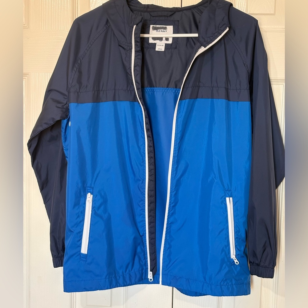 Old Navy Blue and Black Rain Jacket Windbreaker Hooded Full Zip Blue Size 14-16 - Picture 2 of 11